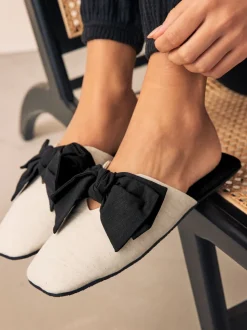 Neutral/Black Linen Blend Bow Mule Slippers