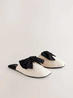 Neutral/Black Linen Blend Bow Mule Slippers