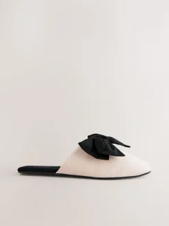 Neutral/Black Linen Blend Bow Mule Slippers