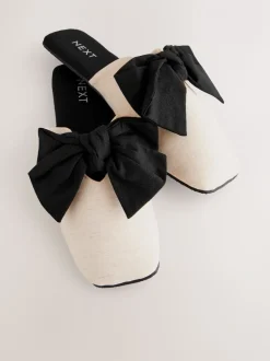 Neutral/Black Linen Blend Bow Mule Slippers