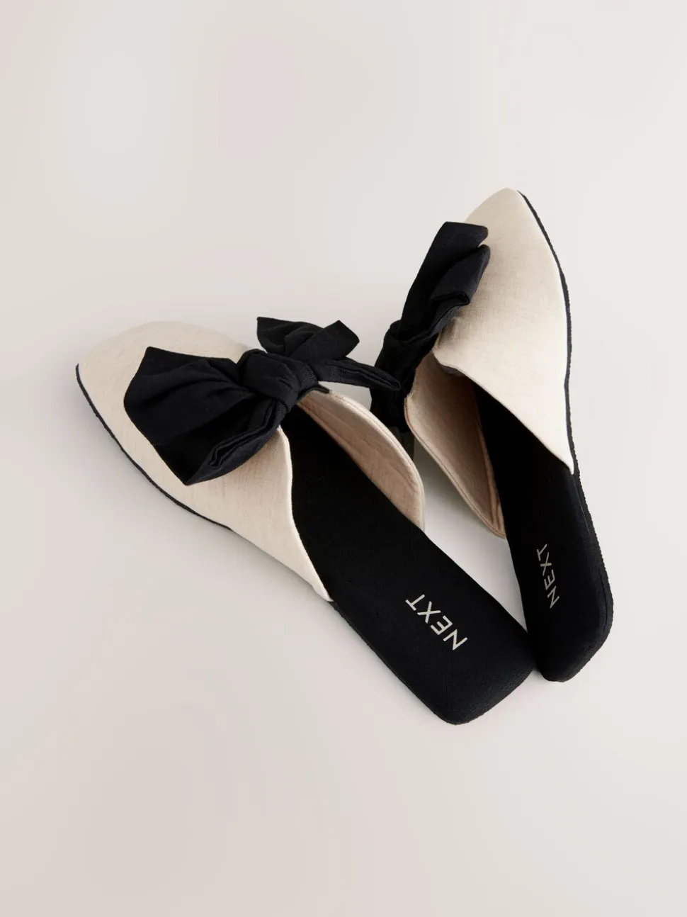 Neutral/Black Linen Blend Bow Mule Slippers