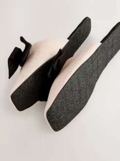 Neutral/Black Linen Blend Bow Mule Slippers