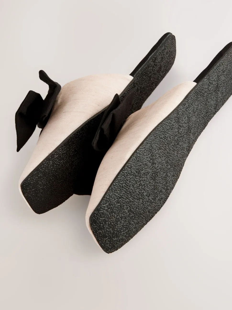 Neutral/Black Linen Blend Bow Mule Slippers