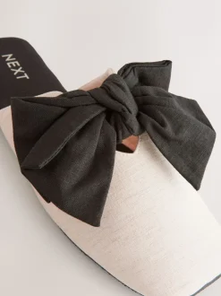 Neutral/Black Linen Blend Bow Mule Slippers