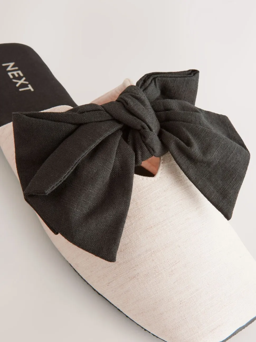 Neutral/Black Linen Blend Bow Mule Slippers