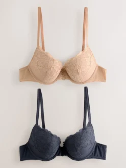 Neutral/Navy Push Up Plunge Lace Bras 2 Pack