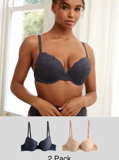 Neutral/Navy Push Up Plunge Lace Bras 2 Pack
