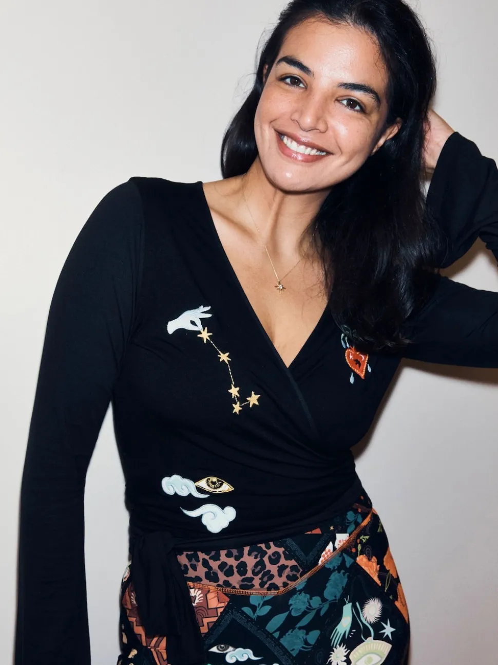 Never Fully Dressed Black Embroidery Viscose Ballet Wrap Top