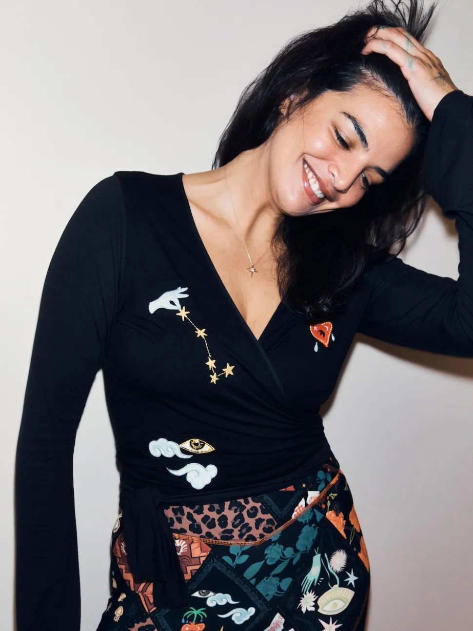 Never Fully Dressed Black Embroidery Viscose Ballet Wrap Top