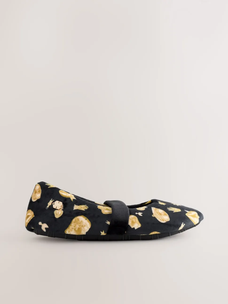 Never Fully Dressed Black/Gold Charm Velour Mary Jane Slippers