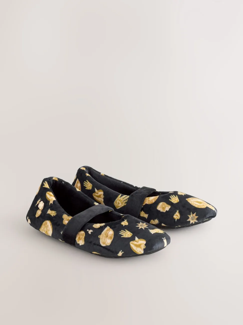 Never Fully Dressed Black/Gold Charm Velour Mary Jane Slippers