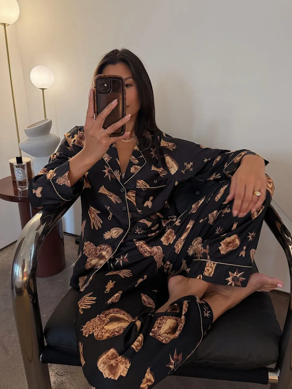 Never Fully Dressed Black/Gold Charm Satin Button Through Pyjamas