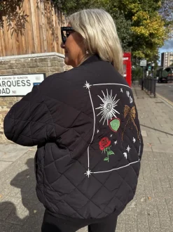 Never Fully Dressed Black Embroidered Quilted Fur Lined Bomber Jacket