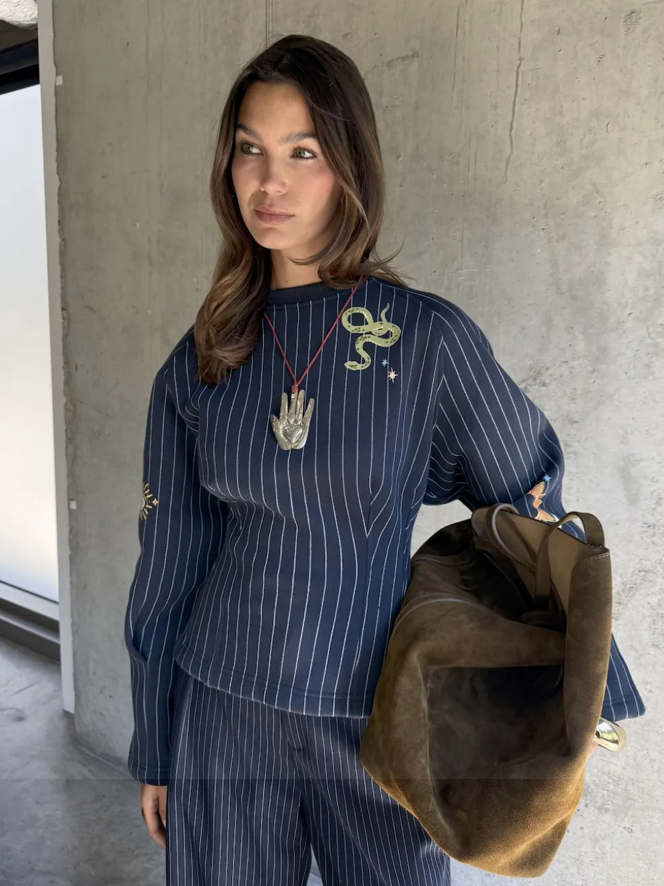 Never Fully Dressed Blue Pinstripe Barrel Sweatshirt