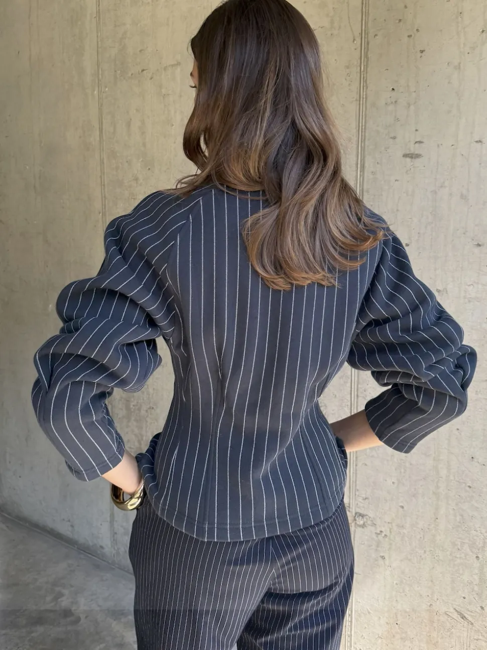 Never Fully Dressed Blue Pinstripe Barrel Sweatshirt