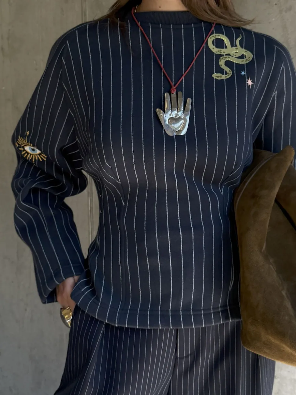 Never Fully Dressed Blue Pinstripe Barrel Sweatshirt
