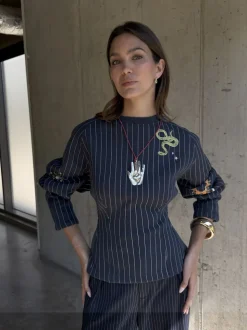 Never Fully Dressed Blue Pinstripe Barrel Sweatshirt