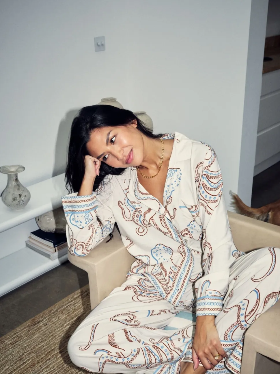 Never Fully Dressed Cream Octopus Viscose Button Through Pyjamas