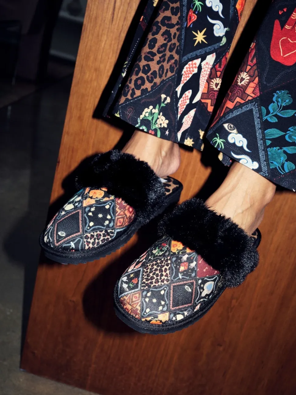 Never Fully Dressed Multi Black Quilted Faux Fur Lined Mule Slippers
