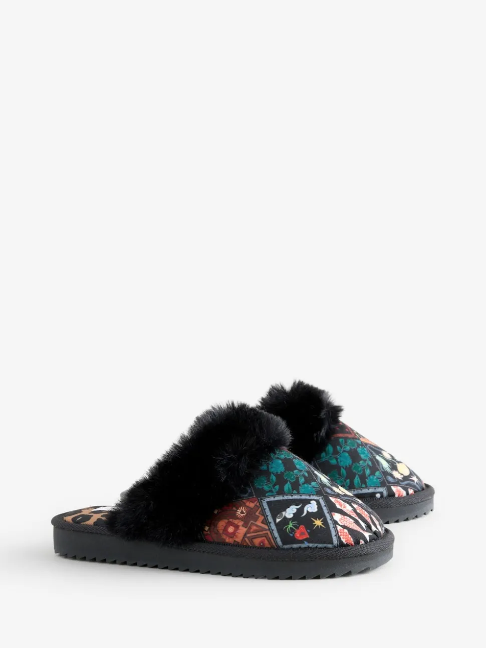 Never Fully Dressed Multi Black Quilted Faux Fur Lined Mule Slippers