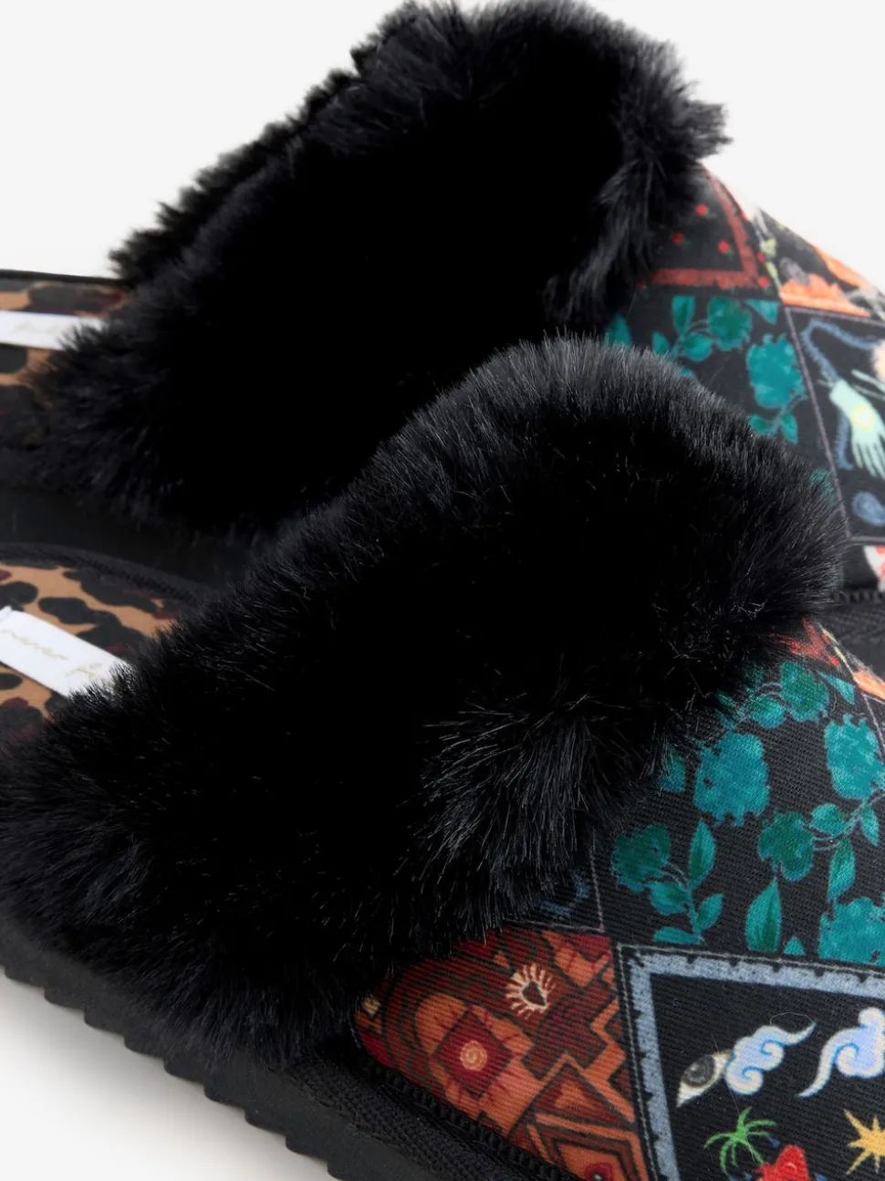 Never Fully Dressed Multi Black Quilted Faux Fur Lined Mule Slippers