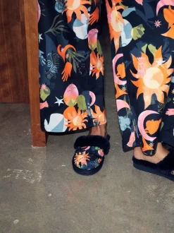 Never Fully Dressed Multi Navy Quilted Faux Fur Lined Mule Slippers