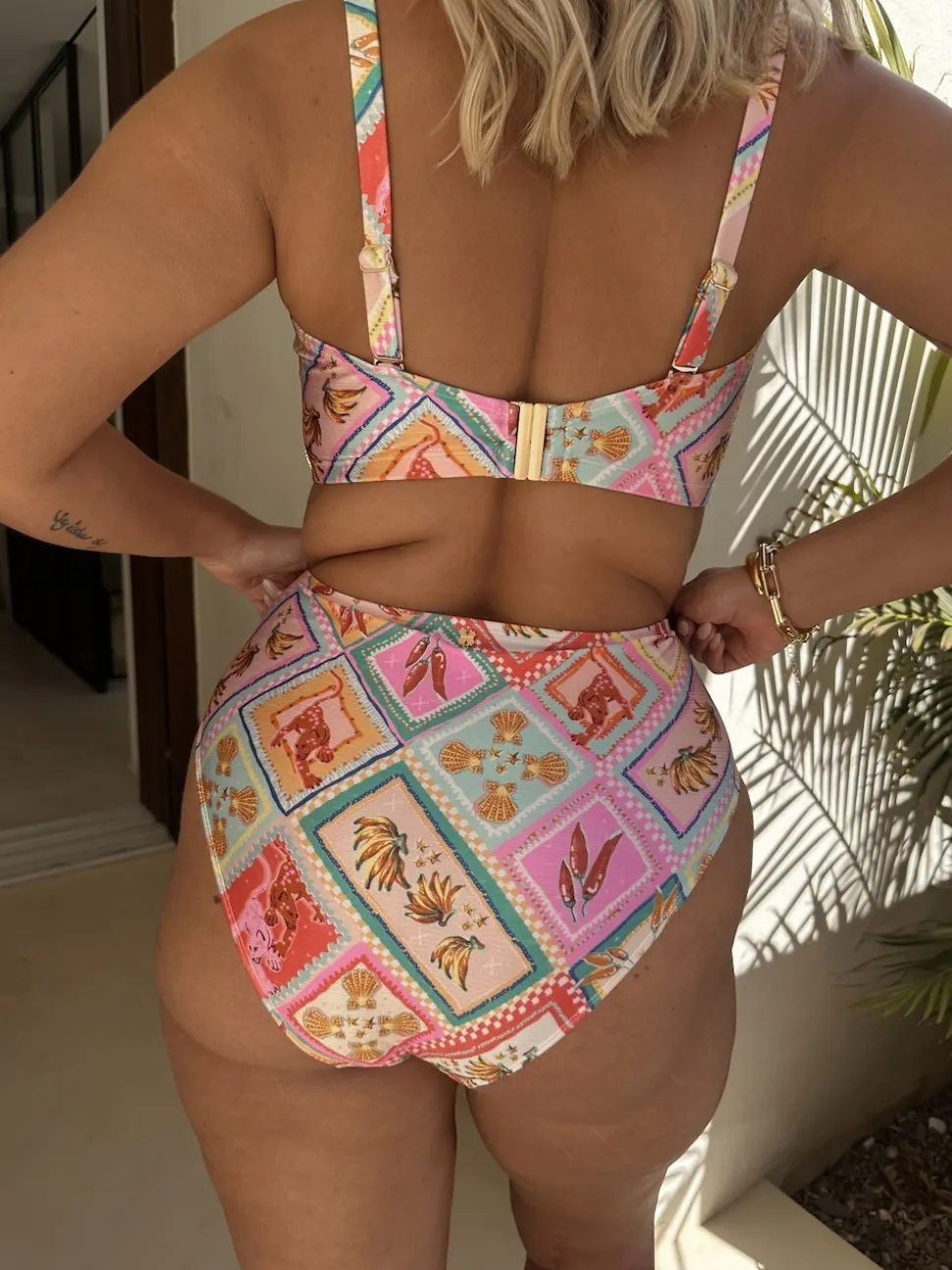 Never Fully Dressed Pink/Orange Tile High Waisted Bikini Bottoms