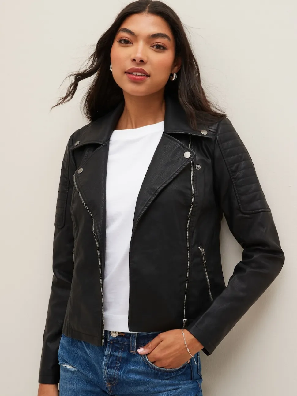 NOISY MAY Black 100% Cotton Leather Look Biker Jacket