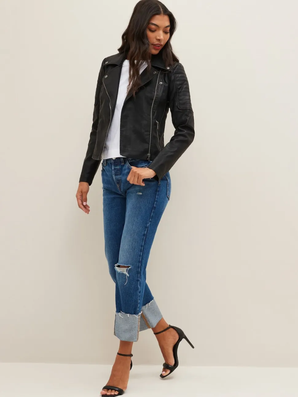 NOISY MAY Black 100% Cotton Leather Look Biker Jacket