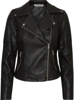 NOISY MAY Black 100% Cotton Leather Look Biker Jacket