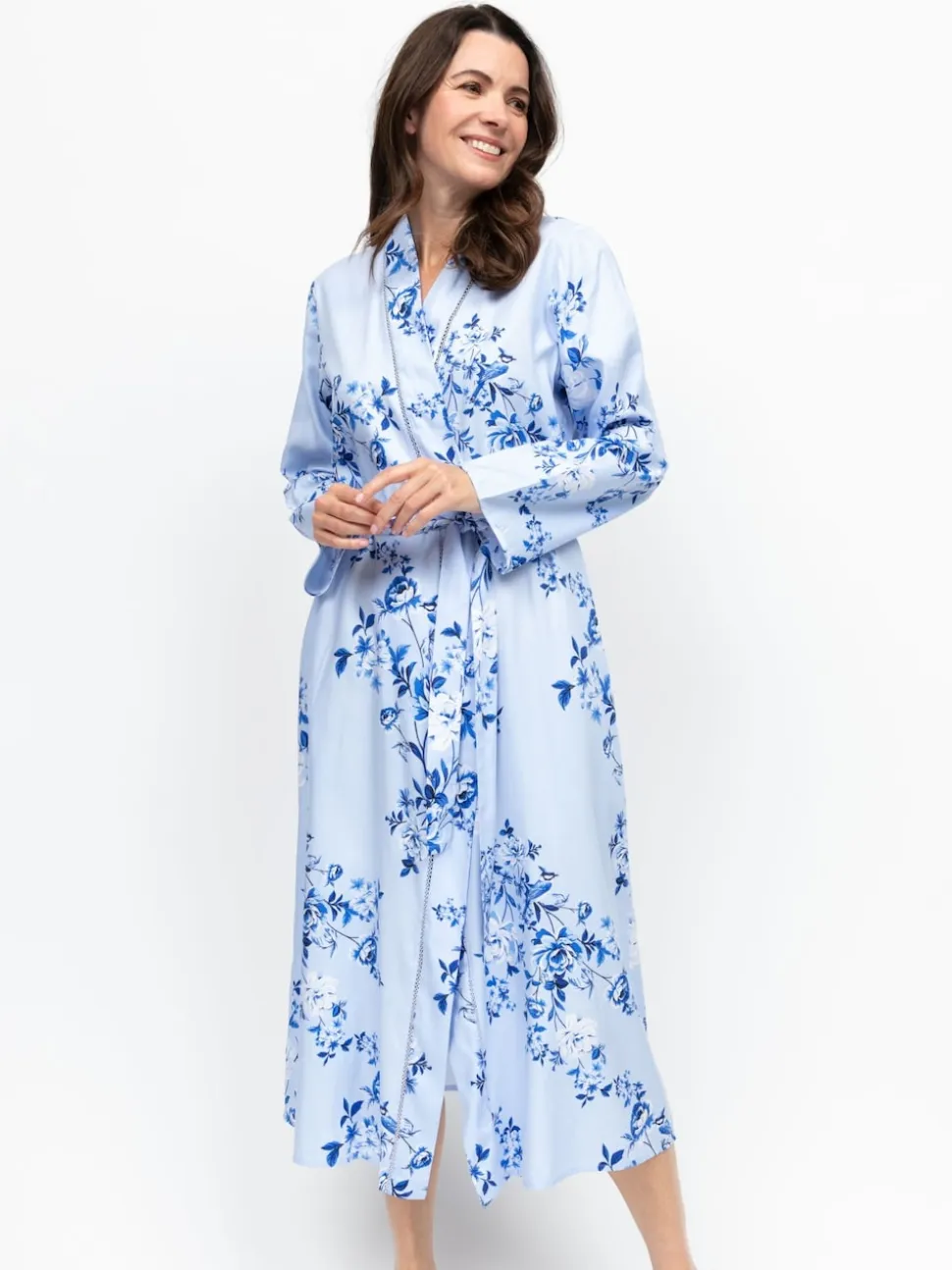 Nora Rose Blue Floral Print Lace Insert Long Sleeve Dressing Gown