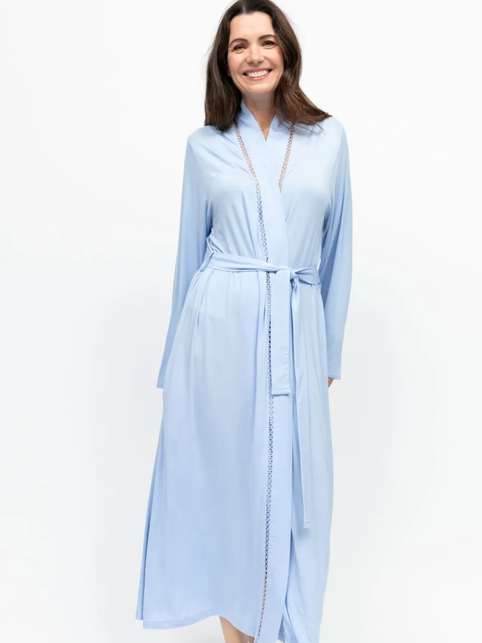 Nora Rose Blue Jersey Lace Insert Long Sleeve Dressing Gown