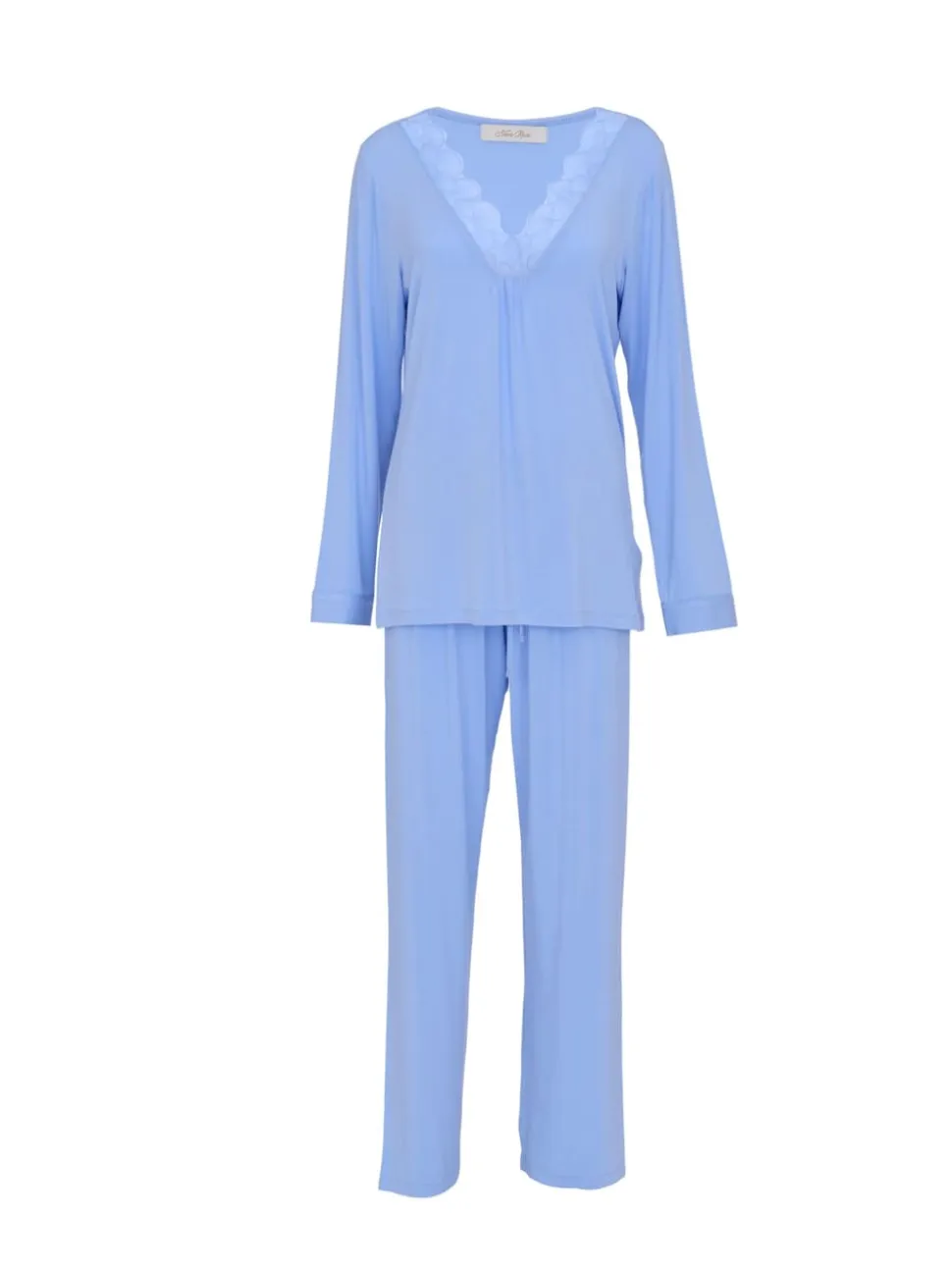 Nora Rose Blue Jersey Scalloped V-Neck Lace Long Sleeve Pyjamas Set