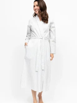Nora Rose Grey Seersucker Stripe Lace Trim Long Sleeve Long Dressing Gown