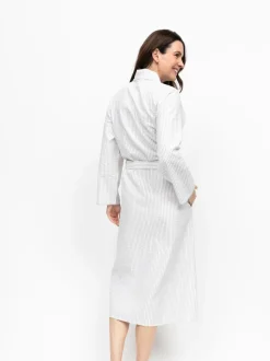Nora Rose Grey Seersucker Stripe Lace Trim Long Sleeve Long Dressing Gown