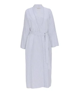 Nora Rose Grey Seersucker Stripe Lace Trim Long Sleeve Long Dressing Gown