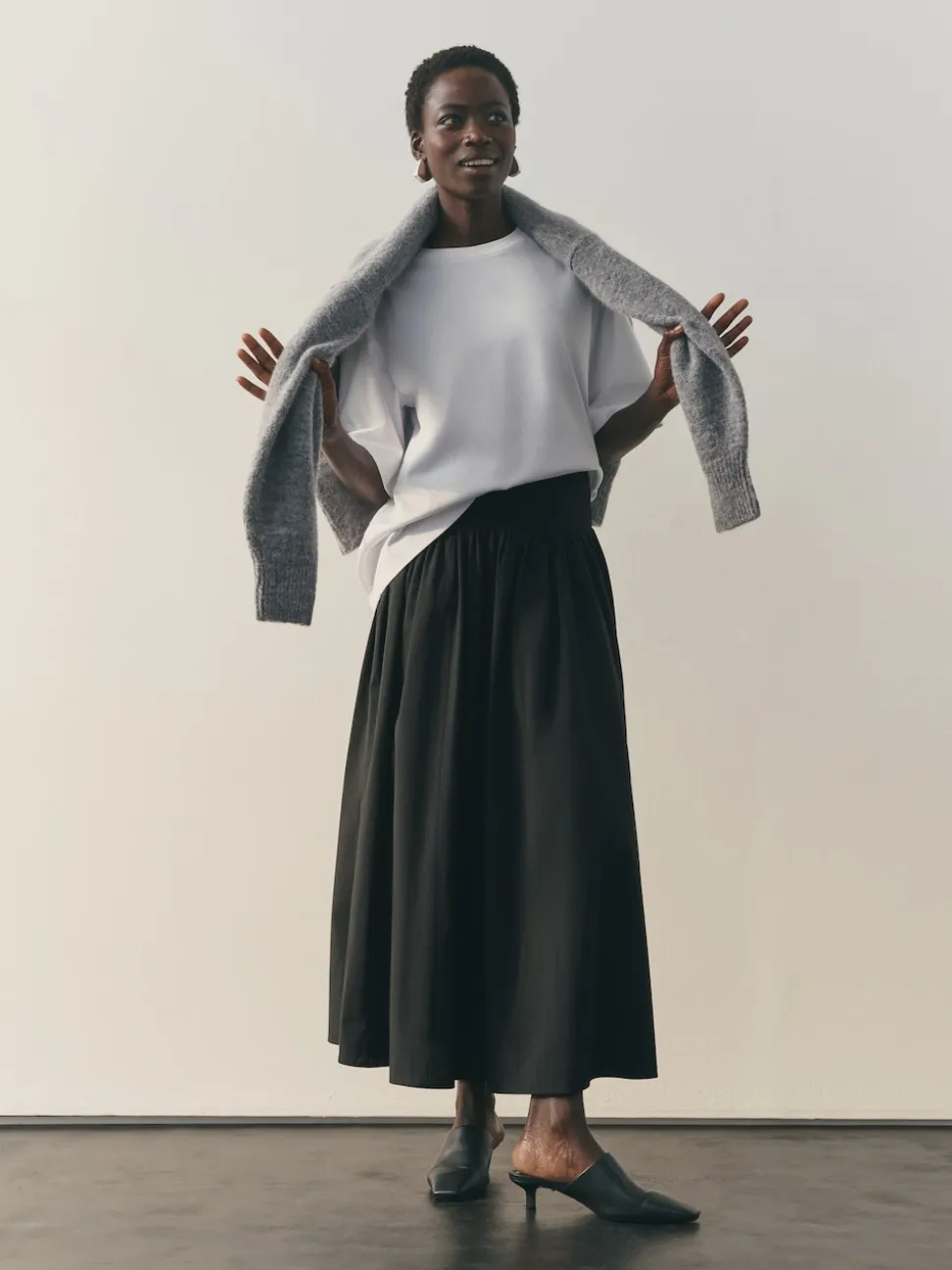 Nothing Ordinary Black Jersey Woven Mix A Line Heavyweight Cotton Midi Skirt