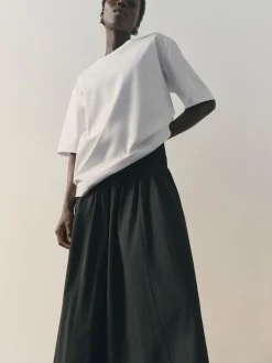 Nothing Ordinary Black Jersey Woven Mix A Line Heavyweight Cotton Midi Skirt