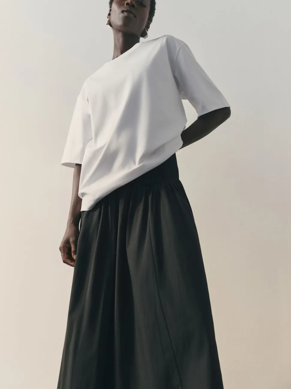 Nothing Ordinary Black Jersey Woven Mix A Line Heavyweight Cotton Midi Skirt