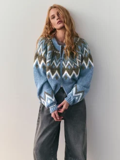 Nothing Ordinary Blue Check Fairisle Pattern Knit Zip Through Jumper With Wool