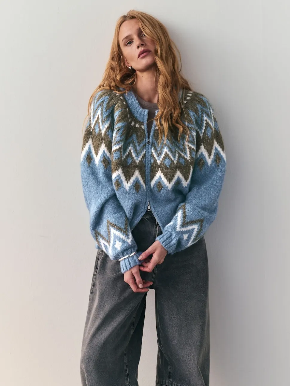Nothing Ordinary Blue Check Fairisle Pattern Knit Zip Through Jumper With Wool