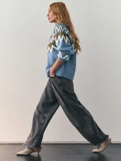 Nothing Ordinary Blue Check Fairisle Pattern Knit Zip Through Jumper With Wool