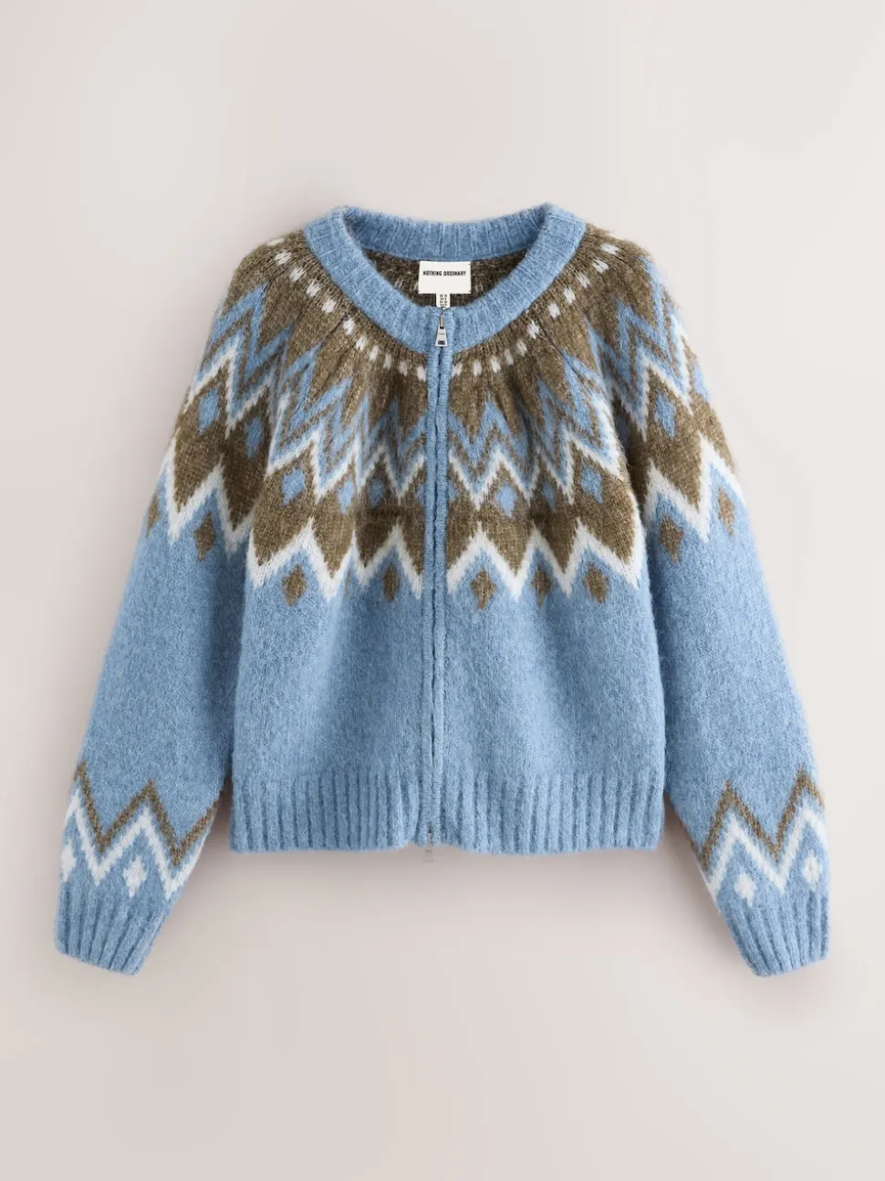 Nothing Ordinary Blue Check Fairisle Pattern Knit Zip Through Jumper With Wool