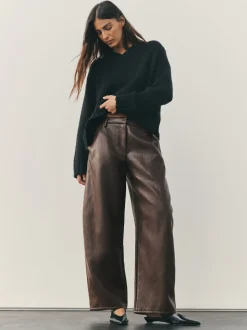 Nothing Ordinary Chocolate Brown Faux Leather Barrel Leg Trousers
