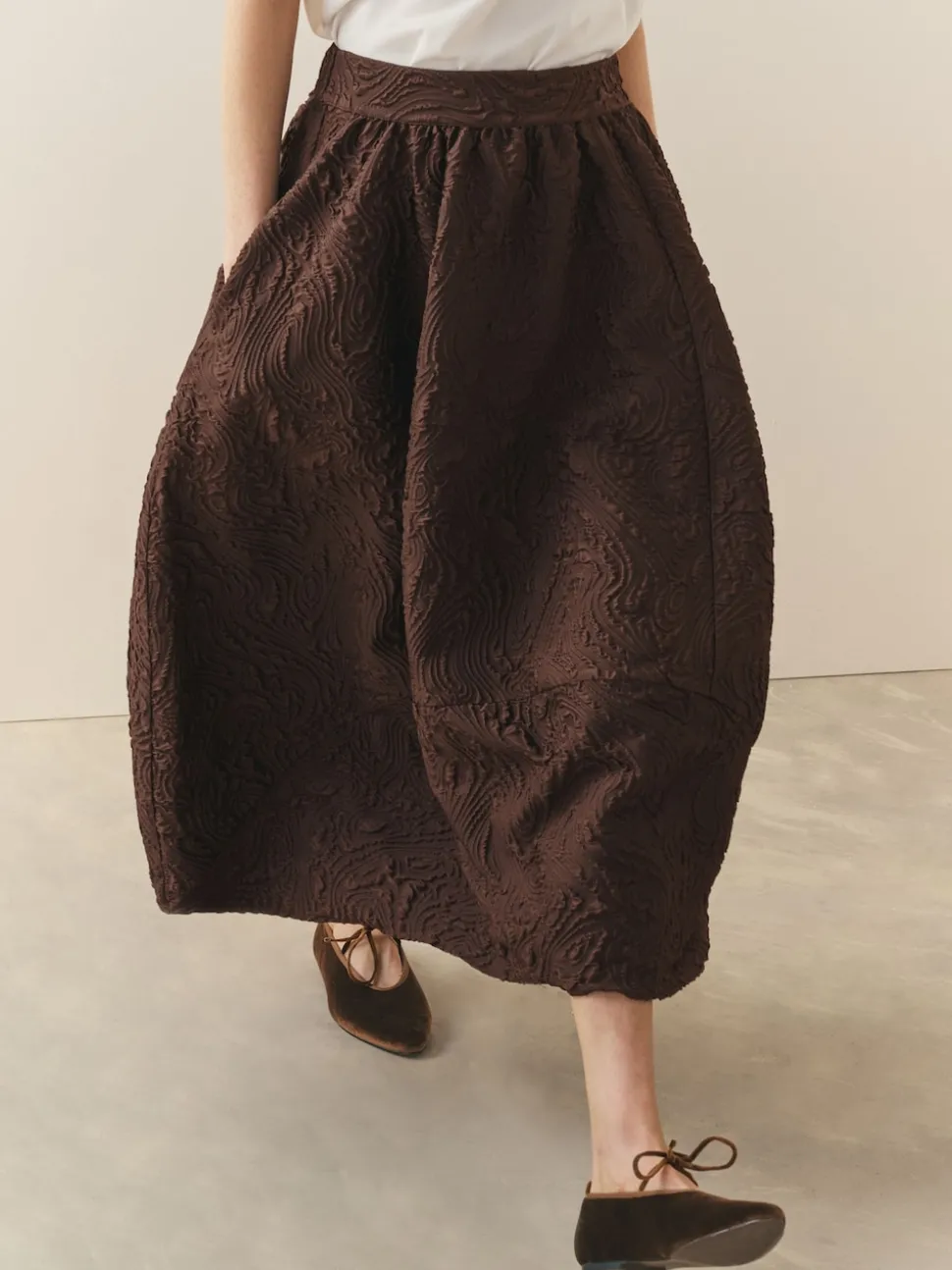 Nothing Ordinary Chocolate Brown Volume Jacquard Midi Skirt