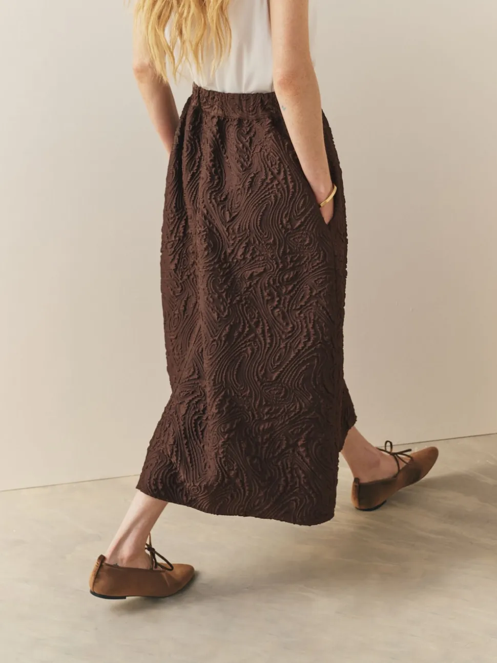 Nothing Ordinary Chocolate Brown Volume Jacquard Midi Skirt