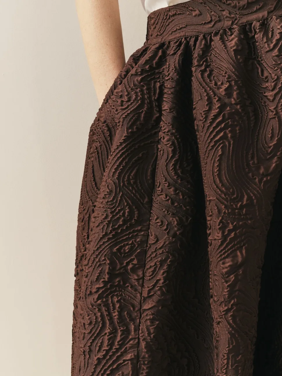Nothing Ordinary Chocolate Brown Volume Jacquard Midi Skirt