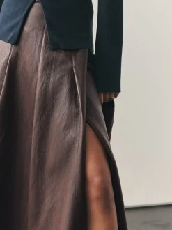 Nothing Ordinary Chocolate Brown Faux Leather Wrap Midi Kilt Skirt