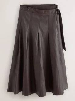 Nothing Ordinary Chocolate Brown Faux Leather Wrap Midi Kilt Skirt
