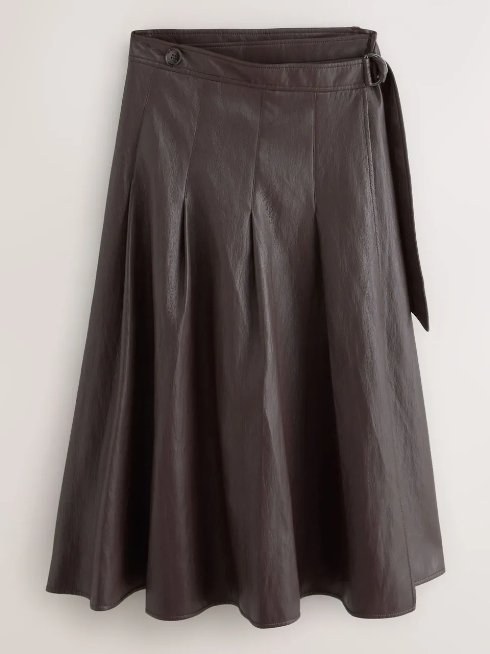 Nothing Ordinary Chocolate Brown Faux Leather Wrap Midi Kilt Skirt